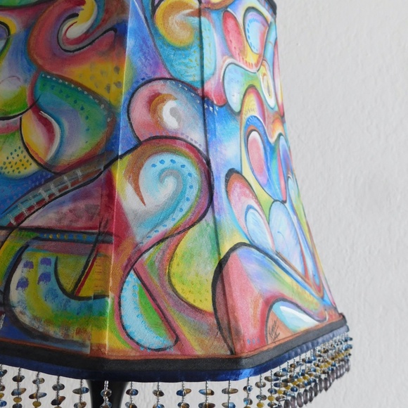 Large Hand Painted 360 Degrees Abstract Beaded Lg Square Lampshade - Picture 9 of 10